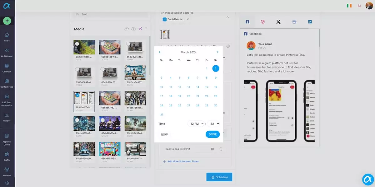 calendar function for scheduling social media posts